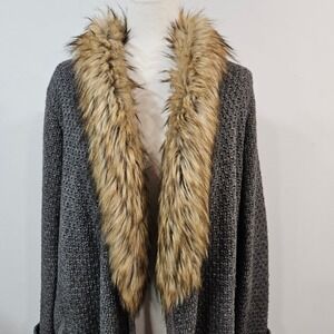 Joie Womens Cardigan Wool Yak Sweater Large Gray Faux Fur‎ Luxury Mob Wife